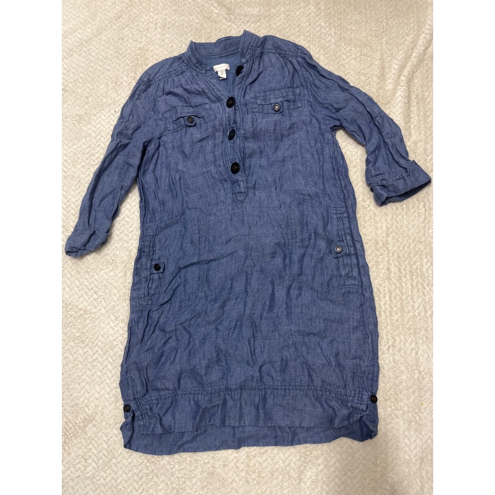 Chicos Blue 100% Linen Tunic Dress Size 2 Large Button Front Pockets Utility